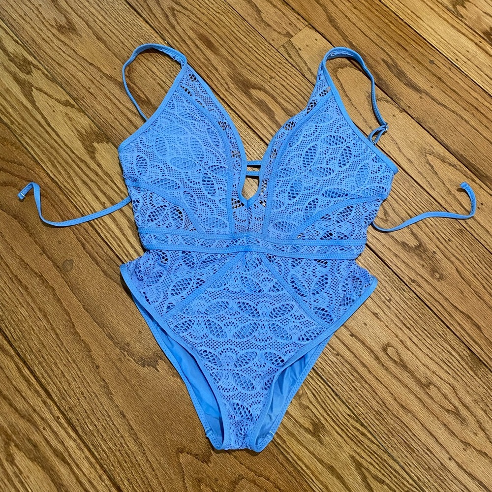 Becca Womens Swimsuit Adjustable Tie Strap Blue Show Tell One Piece Size Large